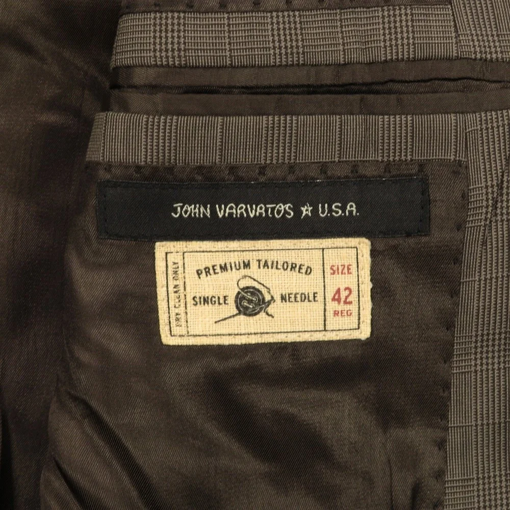 John Varvatos Suit 42R Super 120s Worsted Wool Brown Plaid 35x30 Trousers